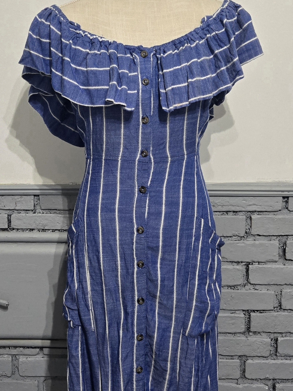 next Blue and White Striped Off-Shoulder Maxi Dress